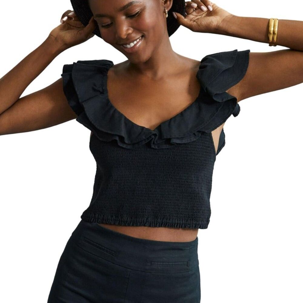 Anthropologie Women's Maeve Flutter Ruffle Sleeve Smocked Crop Top Medium Black